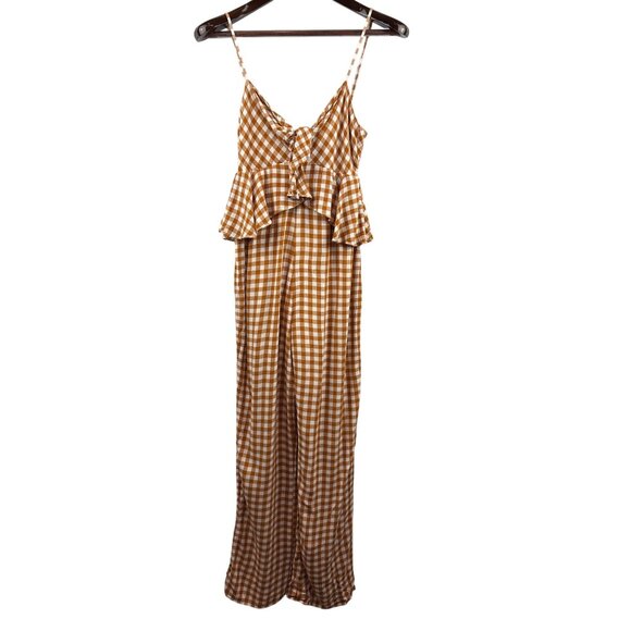 Women’s Saylor Small Brown & White Gingham Tank Pantsuit with Ruffled Bust - Picture 1 of 6